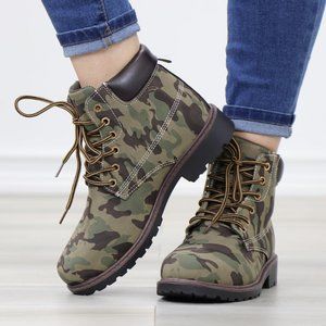 Women's Camouflage Combat Lace-up Ankle Boots Low Heel Casual Short Booties